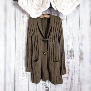 Talbots Olive Green Cable Knit Cardigan W/ Toggle Buttons
